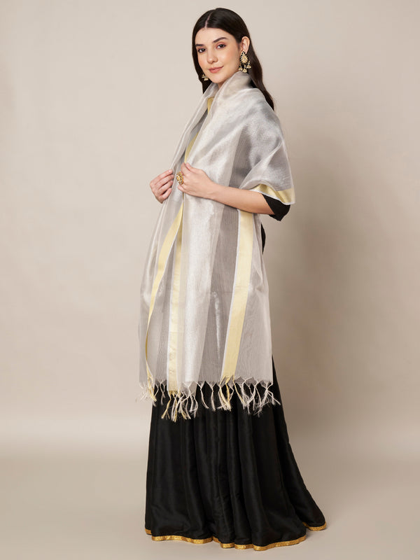 Silver Cotton Silk Dupatta with Subtle Woven Texture (Size: 2.5x1 m Approx)