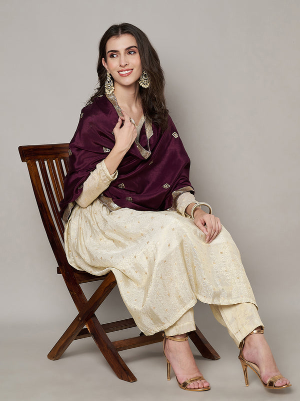 Wine Chiffon Dupatta with Gold Motif Embellishment & Scalloped Border (Size: 2.5x1 m Approx)