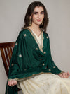 Bottle Green Chiffon Dupatta with Gold Motif Embellishment & Scalloped Border (Size: 2.5x1 m Approx)