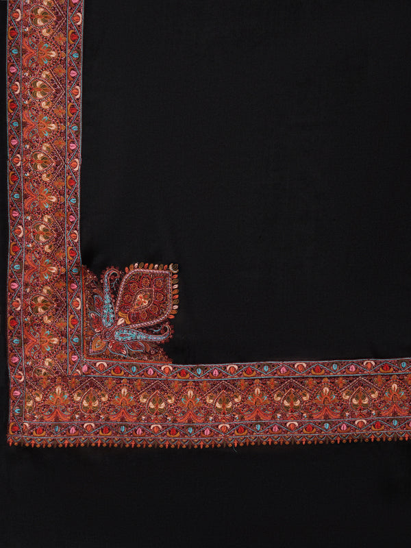 Woolen Mens Shawl in Black with Multicolour Kashmiri-Inspired Embroidered Border (80 x 40 Inches)