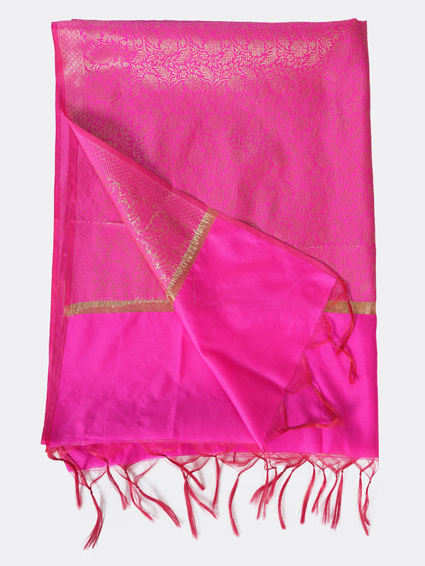 Hot Pink Banarasi Silk Dupatta with All-Over Woven Floral Zari Jaal (Size: 2.5x1 m Approx)