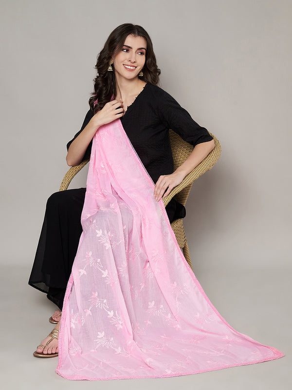 Soft Pink Ombre Dupatta with Cotton Thread Floral Embroidery & Lace Border (Size: 2.5x1 m Approx)