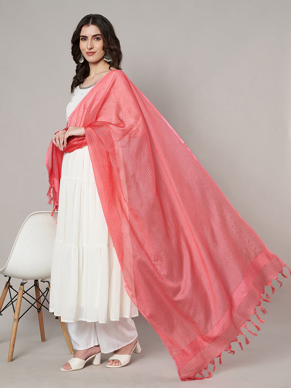 Elegant Peach Cotton Dupatta with Subtle Woven Stripes & Tassel Detailing (Size: 2.5x1 m Approx)