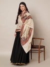 Woolen Women Shawl in Beige with Multicolour Kashmiri-Inspired Embroidered Border (80 x 40 Inches)
