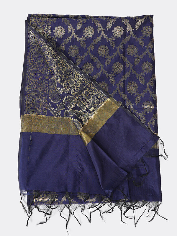 Dark Blue Banarasi Silk Dupatta with All-Over Woven Floral Motifs & Rich Zari Border (Size: 2.5x1 m Approx)