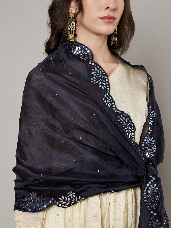 Blue Silk Dupatta with Scalloped Cutwork Border & Sequin Highlights (Size: 2.5x1 m Approx)