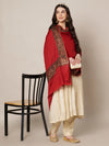 Woolen Women Shawl in Warm Red with Intricate Traditional Embroidered Border (80 x 40 Inches)