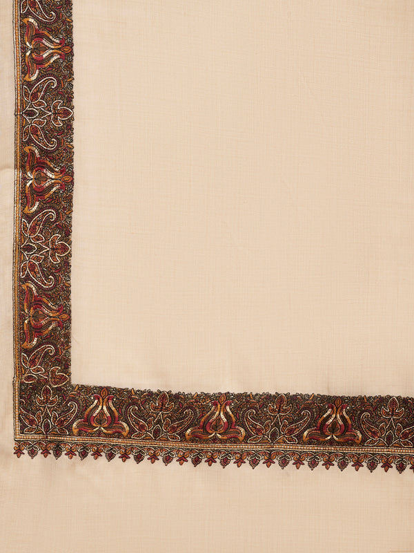 Beige Woolen Mens Shawl with Traditional Multicolour Embroidered Border (80 x 40 Inches)