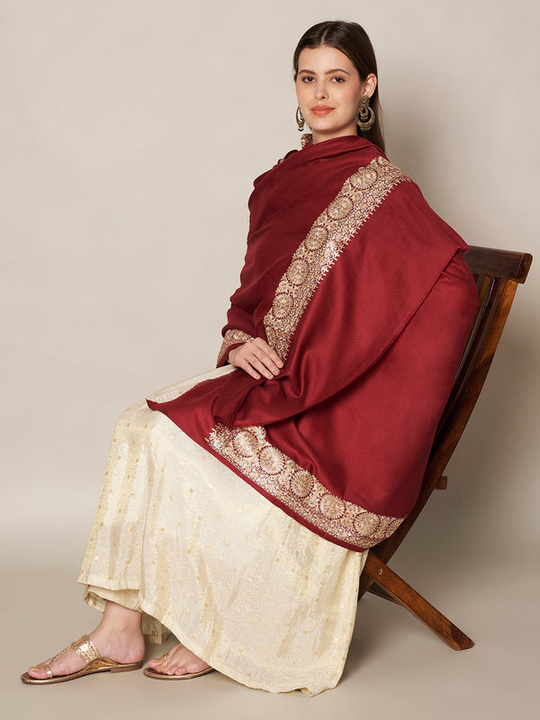 Maroon Woolen Women Shawl with Gold Border – 80x40 Inches
