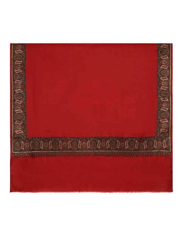 Woolen Mens Shawl in Warm Red with Heritage-Inspired Embroidered Border (80 x 40 Inches)