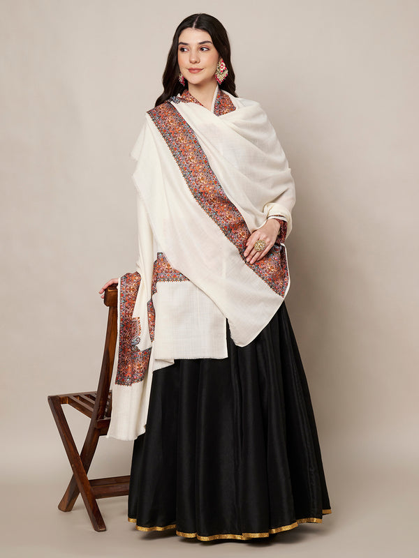 Woolen Women Shawl in Ivory with Multicolour Kashmiri-Inspired Embroidered Border (80 x 40 Inches)