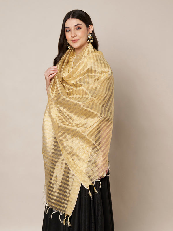 Brown & Ivory Striped Cotton Silk Dupatta with Tassel Finish (Size: 2.5x1 m Approx)