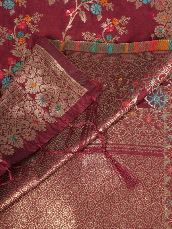 Maroon Paithani Silk Dupatta with Multicolour Floral Zari Weave (Size: 2.5x1 m Approx)