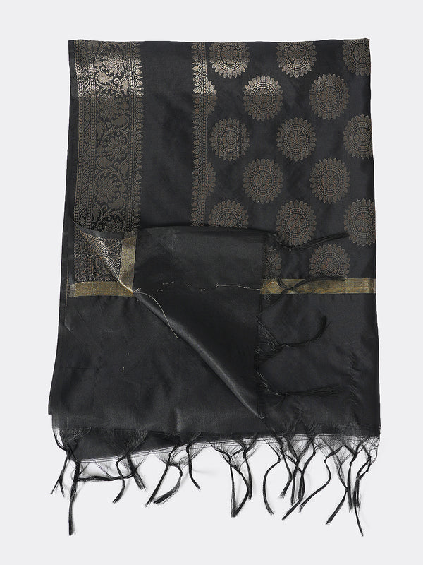 Black Banarasi Silk Dupatta with Woven Butti Motifs & Zari Border (Size: 2.5x1 m Approx)