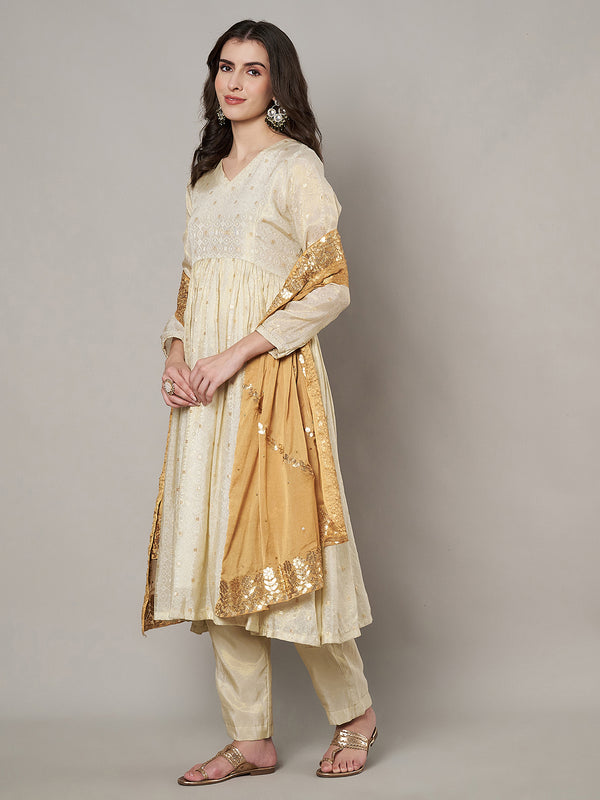 Beige Chinon Dupatta with Gota Patti Border & Sequin Detailing (Size: 2.5x1 m Approx)