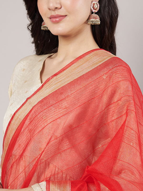 Coral Red Chanderi Silk Dupatta with Gold Border & Tassels (Size: 2.5x1 m Approx)