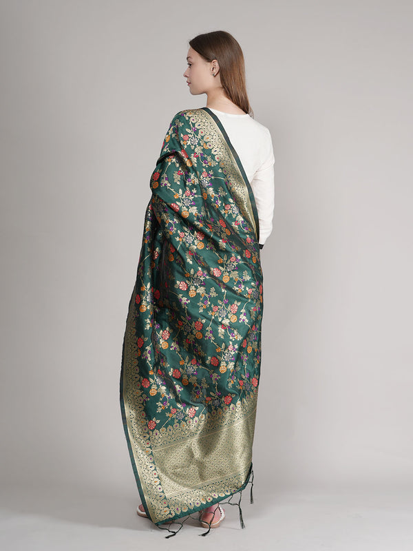 Bottle Green Paithani Silk Dupatta with Multicolour Floral Zari Weave (Size: 2.5x1 m Approx)