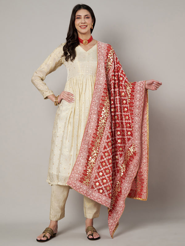 Red Georgette Dupatta with Gold Foil Booti & Lace Border (Size: 2.5x1 m Approx)