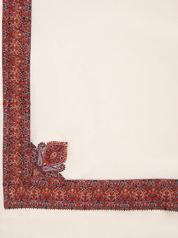 Woolen Mens Shawl in Ivory with Multicolour Kashmiri-Inspired Embroidered Border (80 x 40 Inches)