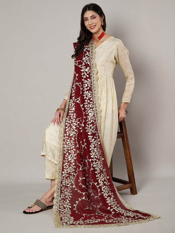 Maroon Georgette Dupatta with Hand Gota Patti Work (Size: 2.5x1 m Approx)