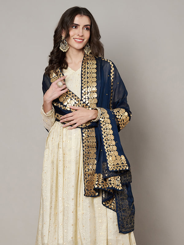 Blue Chinon Dupatta with Gota Patti Border & Sequin Detailing (Size: 2.5x1 m Approx)