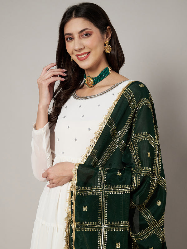 Bottle Green Chinon Dupatta with Gold Grid Embellishment (Size: 2.5x1 m Approx)