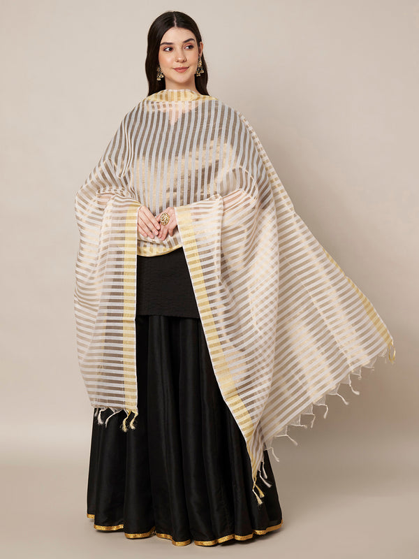 Grey & Gold Striped Cotton Silk Dupatta with Tassel Finish (Size: 2.5x1 m Approx)