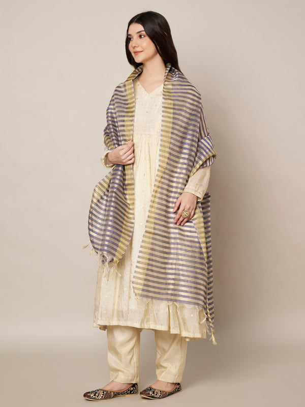 Blue & Ivory Striped Cotton Silk Dupatta with Tassel Finish (Size: 2.5x1 m Approx)