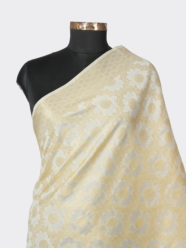 Ivory Gold Banarasi Silk Dupatta with Elegant Woven Floral Jaal (Size: 2.5x1 m Approx)