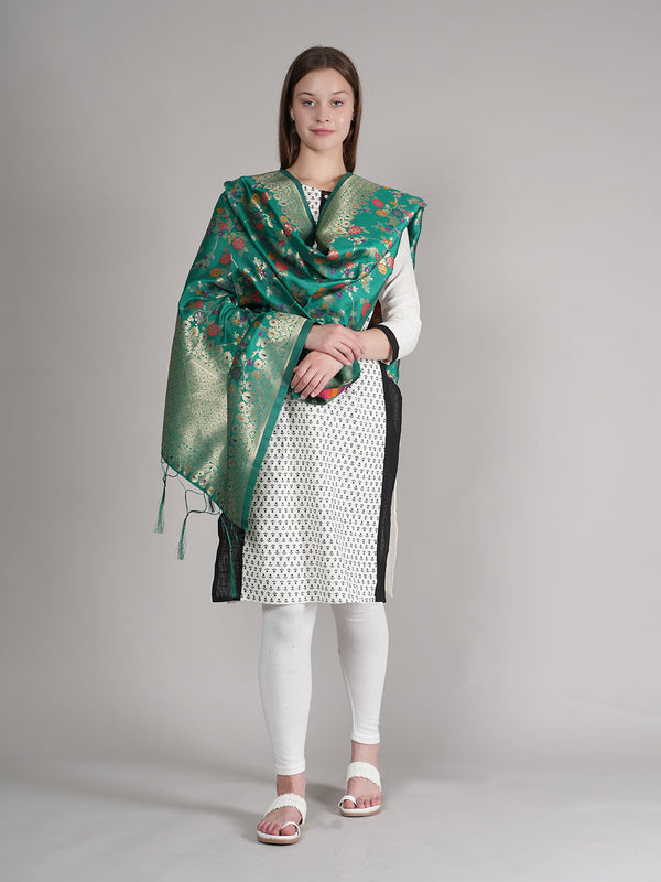 Emerald Green Paithani Silk Dupatta with Multicolour Floral Zari Weave (Size: 2.5x1 m Approx)