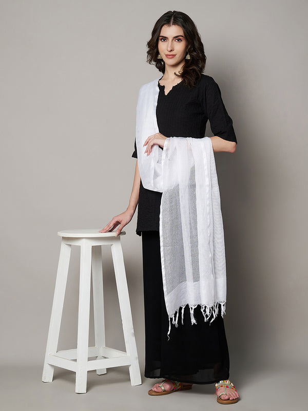 White Sheer Handwoven Cotton Dupatta with Tassel Finish (Size: 2.5x1 m Approx)