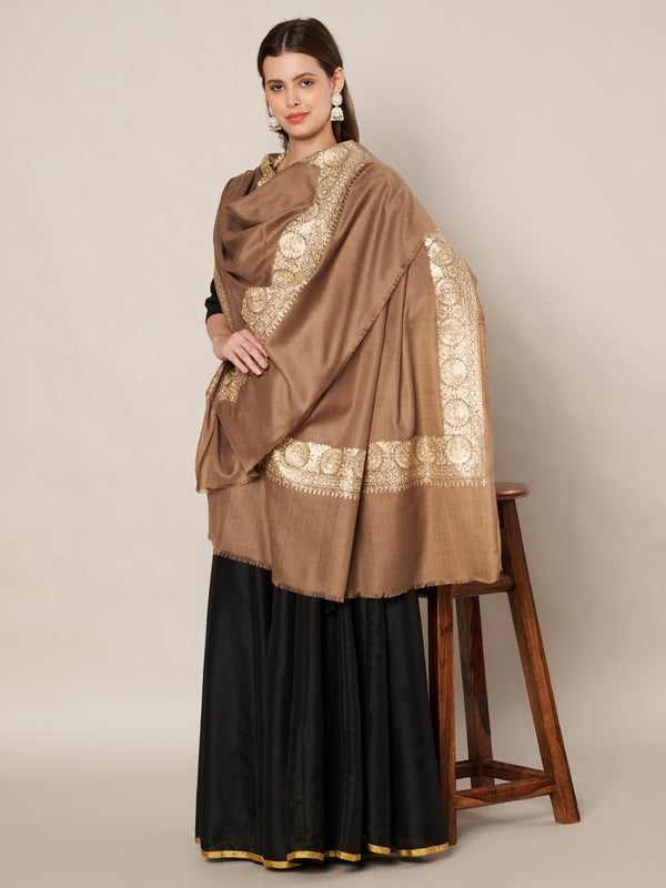 Brown Woolen Women Shawl with Gold Border – 80x40 Inches