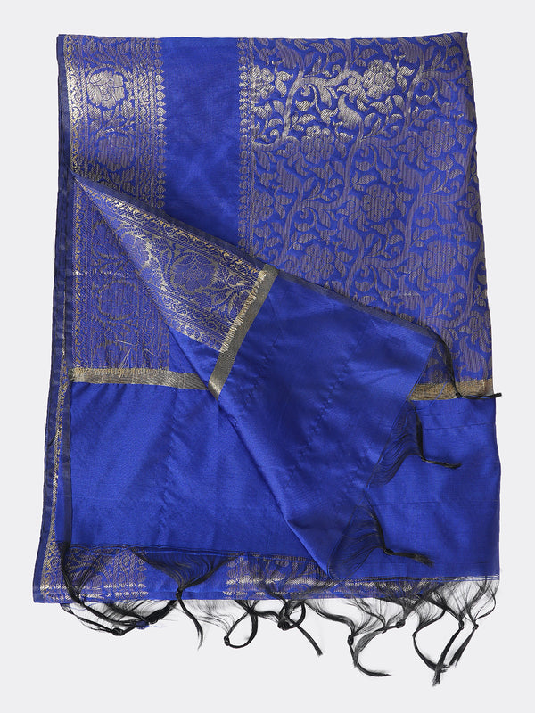 Blue Banarasi Silk Dupatta with Intricate Woven Zari Motifs & Classic Border (Size: 2.5x1 m Approx)