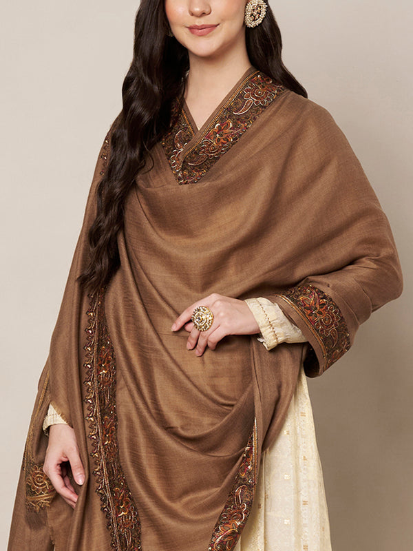 Woolen Women Shawl in Brown with Embroidered Traditional Border (80 x 40 Inches)