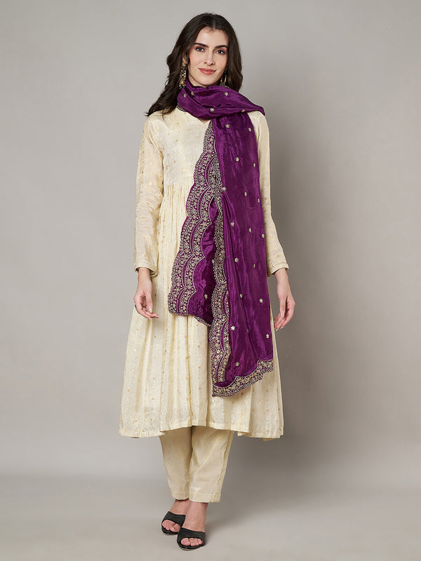 Purple Chinon Dupatta with Scalloped Embroidered Border & Sequin Motifs (Size: 2.5x1 m Approx)