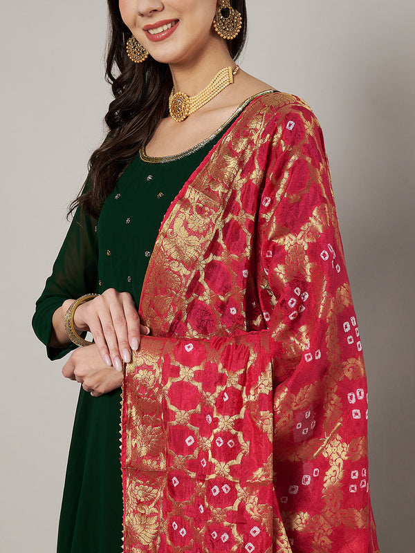 Red Silk Gharchola Bandhej Dupatta with Gold Zari Border (Size: 2.5x1 m Approx)