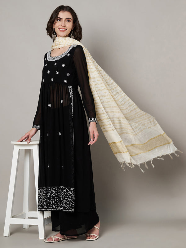 White & Olive Cotton Dupatta with Subtle Striped Weave and Woven Border (Size: 2.5x1 m Approx)