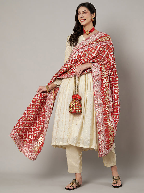 Red Georgette Dupatta with Gold Foil Booti & Lace Border (Size: 2.5x1 m Approx)