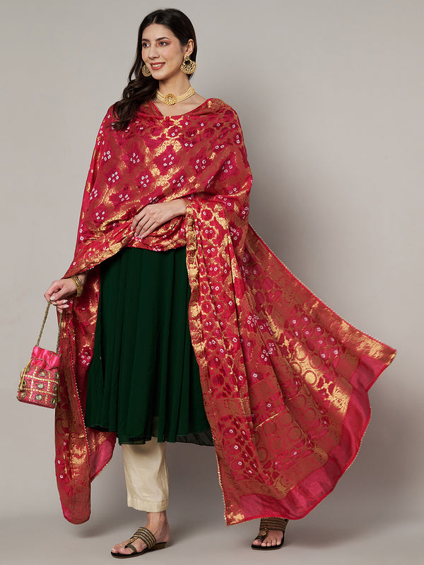 Red Silk Gharchola Bandhej Dupatta with Gold Zari Border (Size: 2.5x1 m Approx)