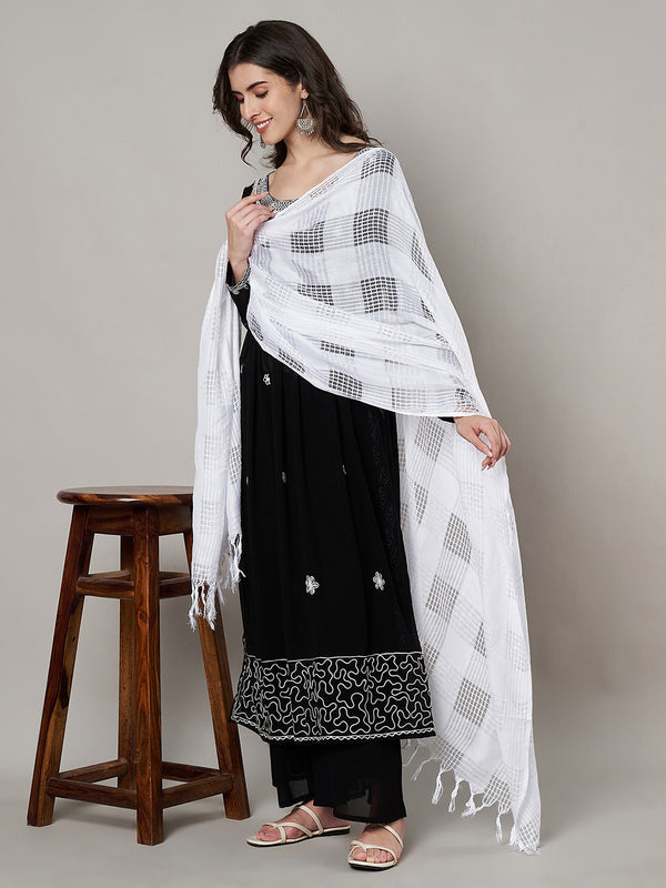 White Cotton Woven Check Dupatta with Tassel Detailing (Size: 2.5x1 m Approx)