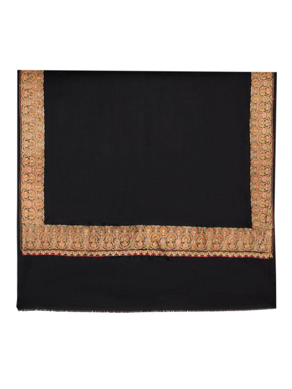 Solid Black Woolen Mens Shawl with Rich Embroidered Border – 80 x 40 Inches