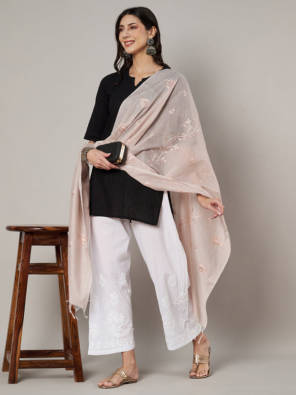 Pink Chanderi Cotton Dupatta with Subtle Floral Embroidery (Size: 2.5x1 m Approx)