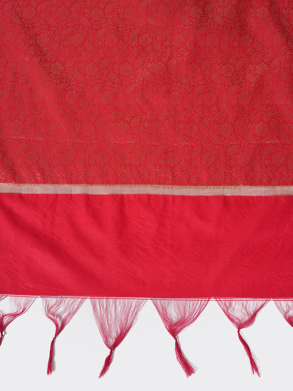 Red Banarasi Silk Dupatta with All-Over Woven Floral Zari Jaal (Size: 2.5x1 m Approx)
