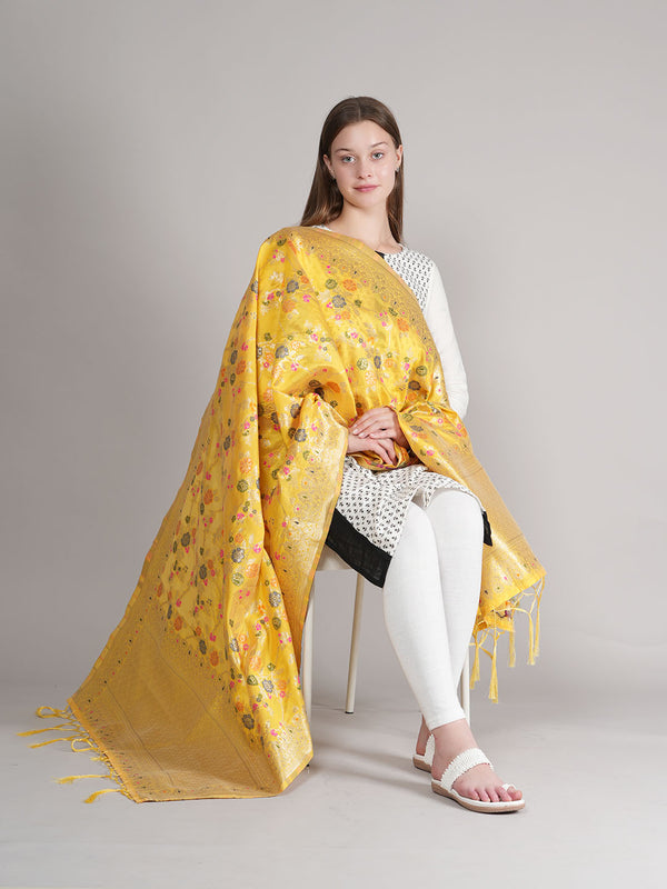 Yellow Paithani Silk Dupatta with Multicolour Floral Zari Weave (Size: 2.5x1 m Approx)