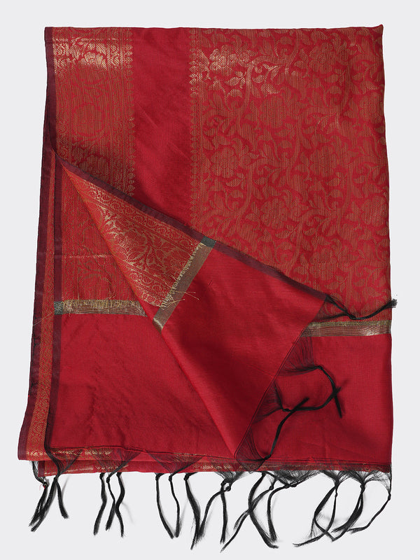 Orange Banarasi Silk Dupatta with Intricate Woven Zari Motifs & Classic Border (Size: 2.5x1 m Approx)