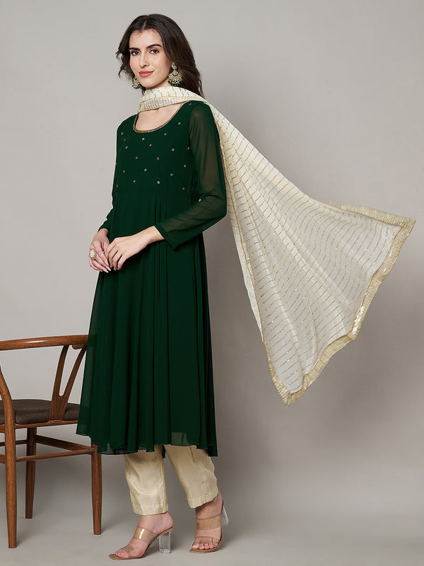 Ivory Chinon Dupatta with Gold Stripe Sequin Work & Gota Border (Size: 2.5x1 m Approx)