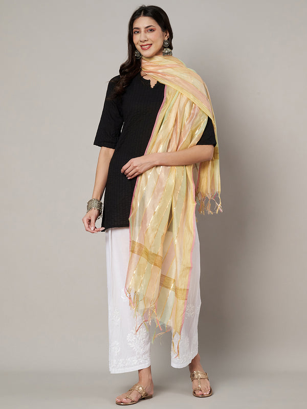 Multicolor Chanderi Silk Dupatta with Gold Zari Stripes (Size: 2.5x1 m Approx)