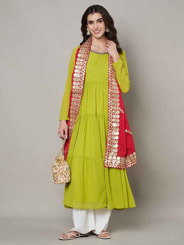 Red Chinon Dupatta with Gota Patti Border & Sequin Detailing (Size: 2.5x1 m Approx)