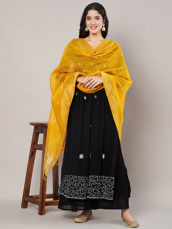 Yellow Chanderi Silk Dupatta with Gold Border & Tassels (Size: 2.5x1 m Approx)