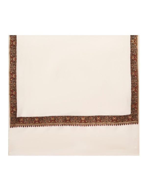 Ivory Woolen Women Shawl with Traditional Multicolour Embroidered Border (80 x 40 Inches)